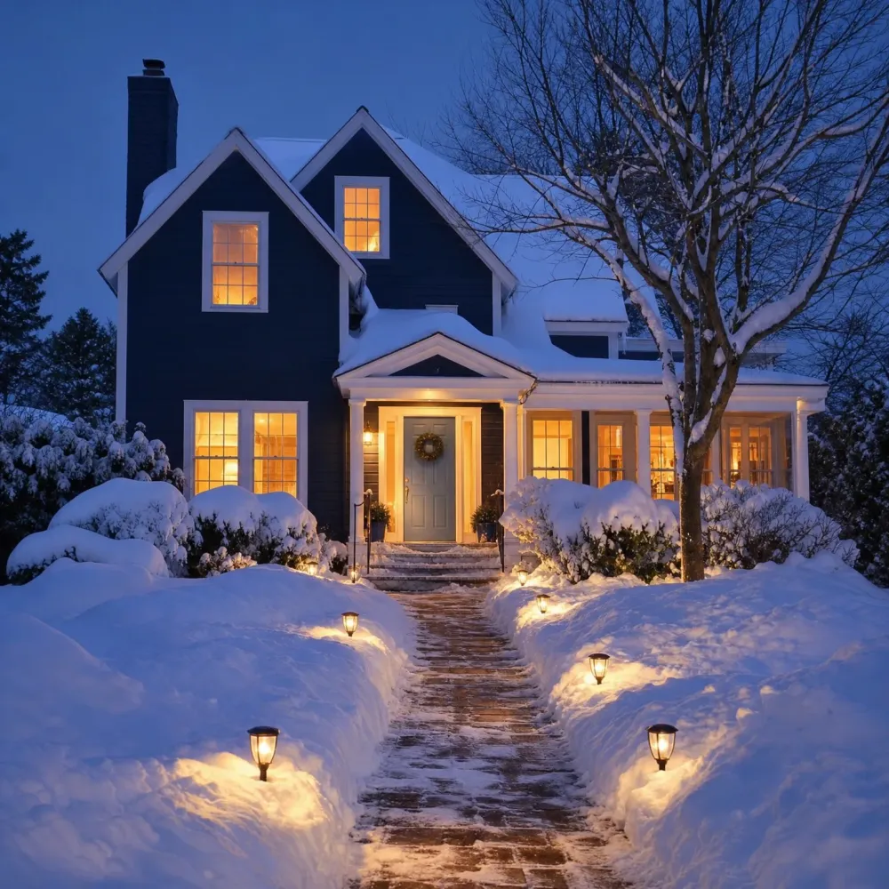 A dark navy two-story house with white trim and lit windows at dusk, with deep snow banked around shrubs and a cleared brick walkway lined with glowing lanterns leading to the front door.