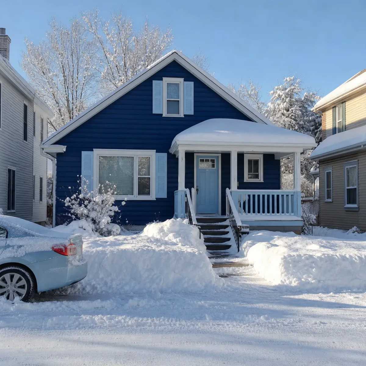 A dark blue single-story house with light blue shutters and a covered porch, surrounded by deep snow, with a shoveled path to the front steps and a snow-covered car parked at left.