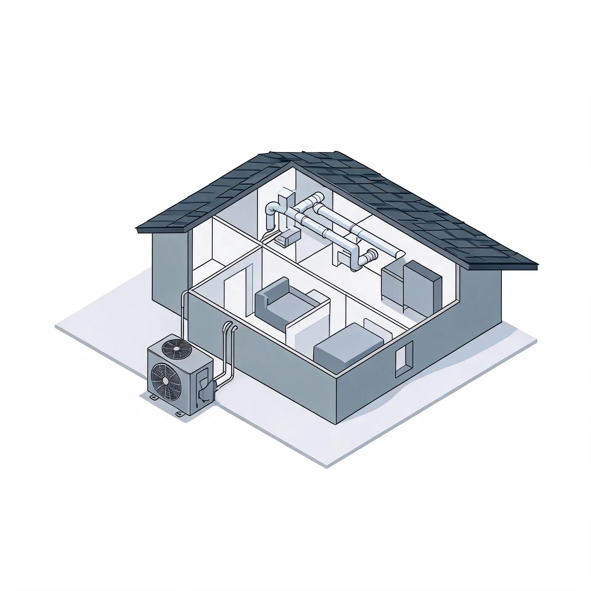 Isometric grey-toned illustration of a cutaway house showing interior rooms, ceiling ductwork and an air handler, connected by lines to an outdoor condenser unit beside the building.