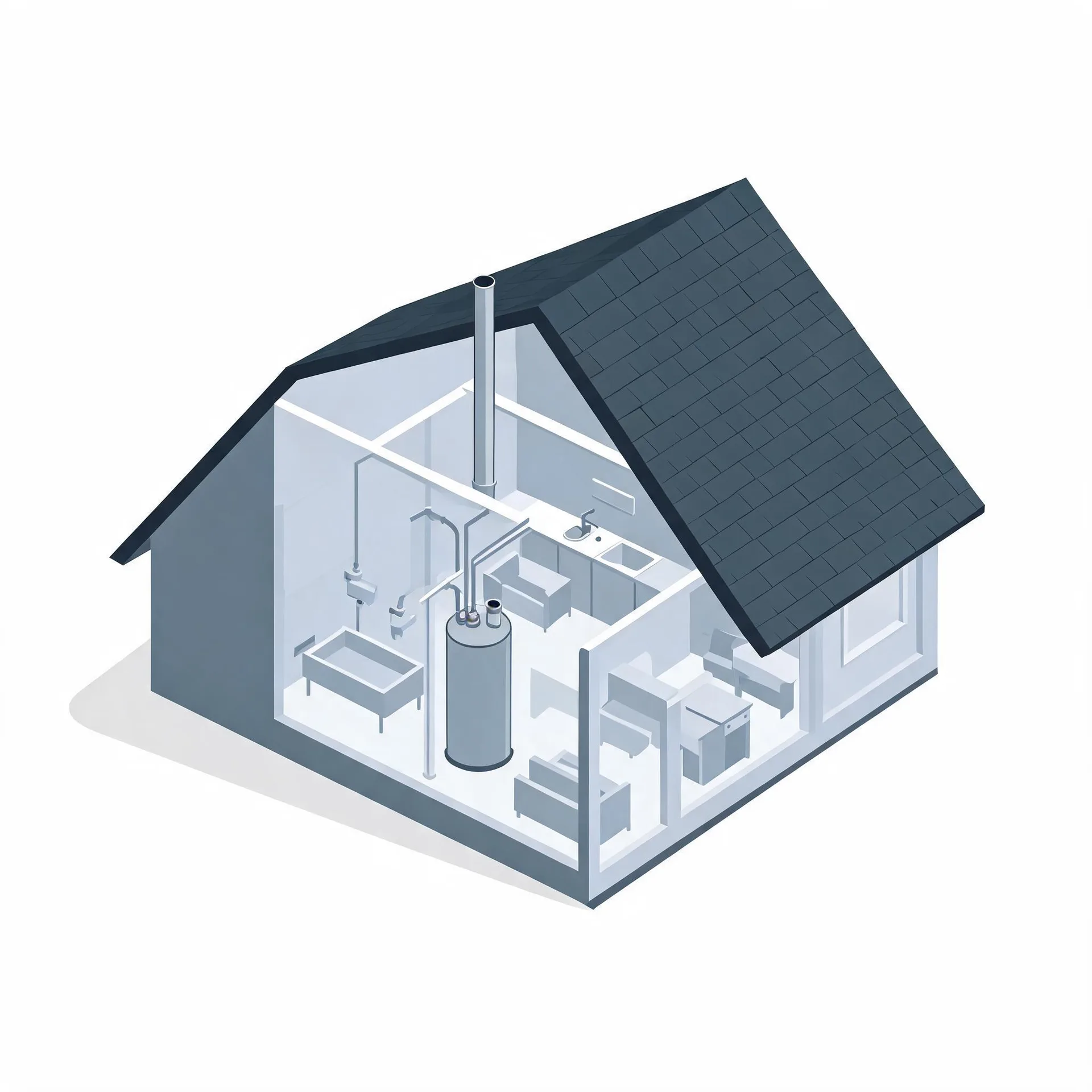 Isometric cutaway illustration of a small gray house with a dark shingled roof, showing interior rooms with plumbing fixtures, a cylindrical water heater and a vertical vent pipe extending through the roof.