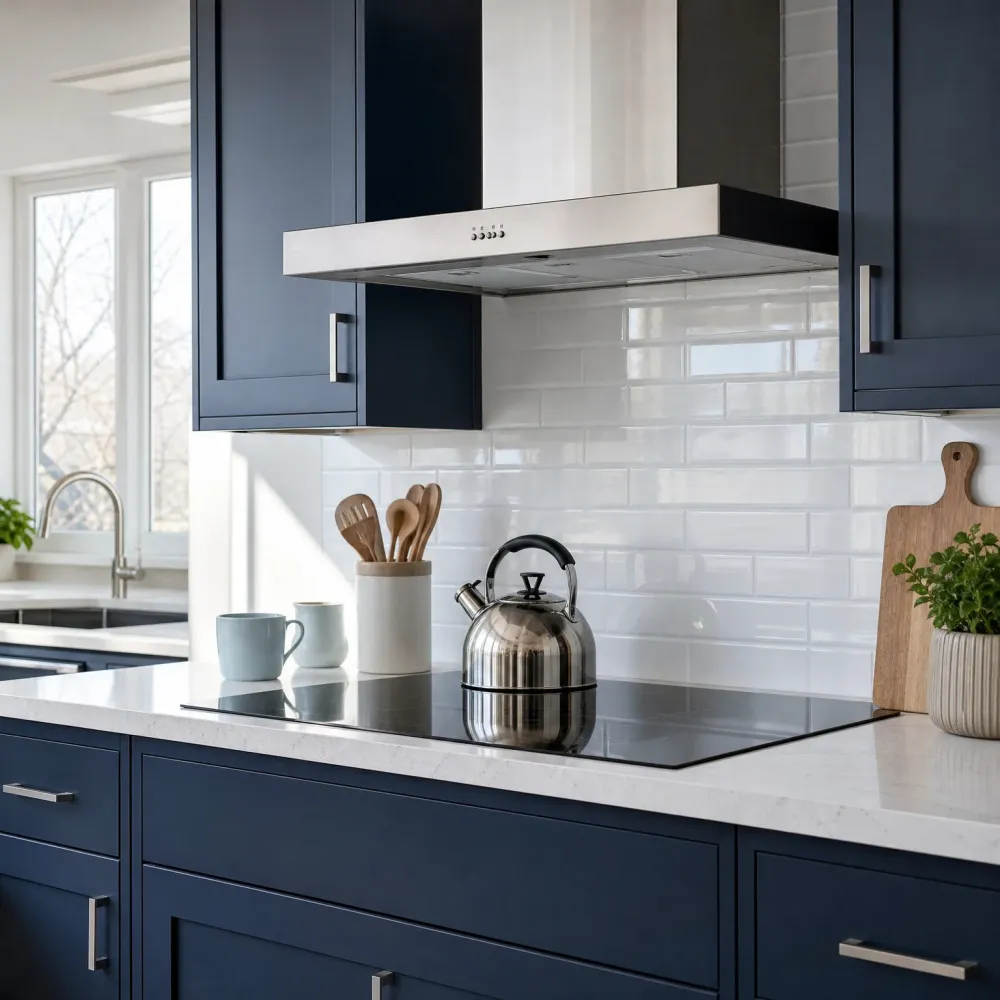 A kitchen with navy blue cabinets, white countertop, white subway tile backsplash, a stainless steel range hood above a black induction cooktop with a metal kettle, plus mugs, a utensil crock, a cutting board and a potted plant.