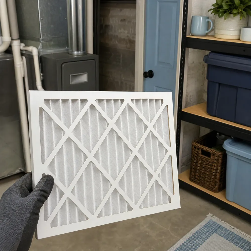 A gloved hand holds a white pleated air filter in a basement with a furnace, pipes, a blue door, and shelving holding storage bins and potted plants.