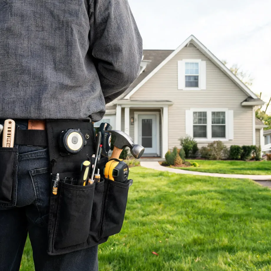 Close-up of a person's waist wearing a black tool belt holding a hammer, tape measure, screwdrivers and pliers, standing on a green lawn in front of a light-colored sided house with white-trimmed windows.