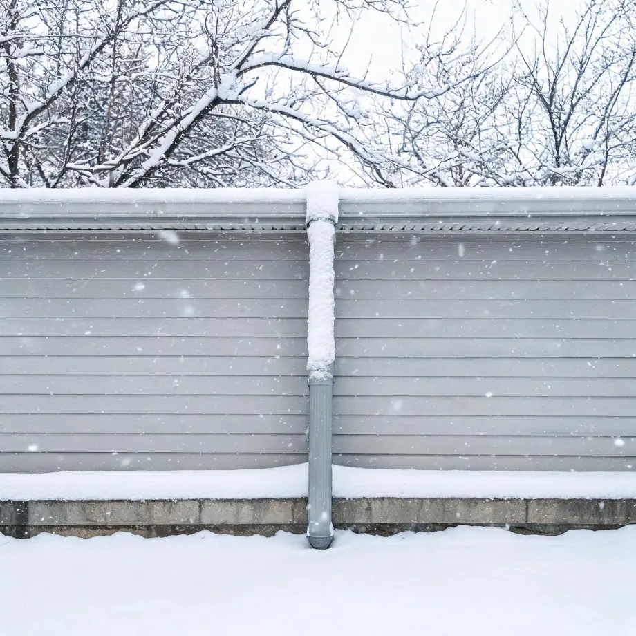 Snow-covered gray horizontal siding wall of a building with a central downspout, a concrete foundation strip, snow on the ground, and bare snow-laden tree branches above the roofline during falling snow.
