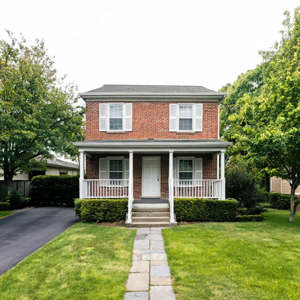 A two-story red brick house with white trim, a covered front porch with white railings, white shuttered windows, a stone walkway leading to steps, trimmed hedges, a lawn, and an asphalt driveway on the left, flanked by green trees under an overcast sky.