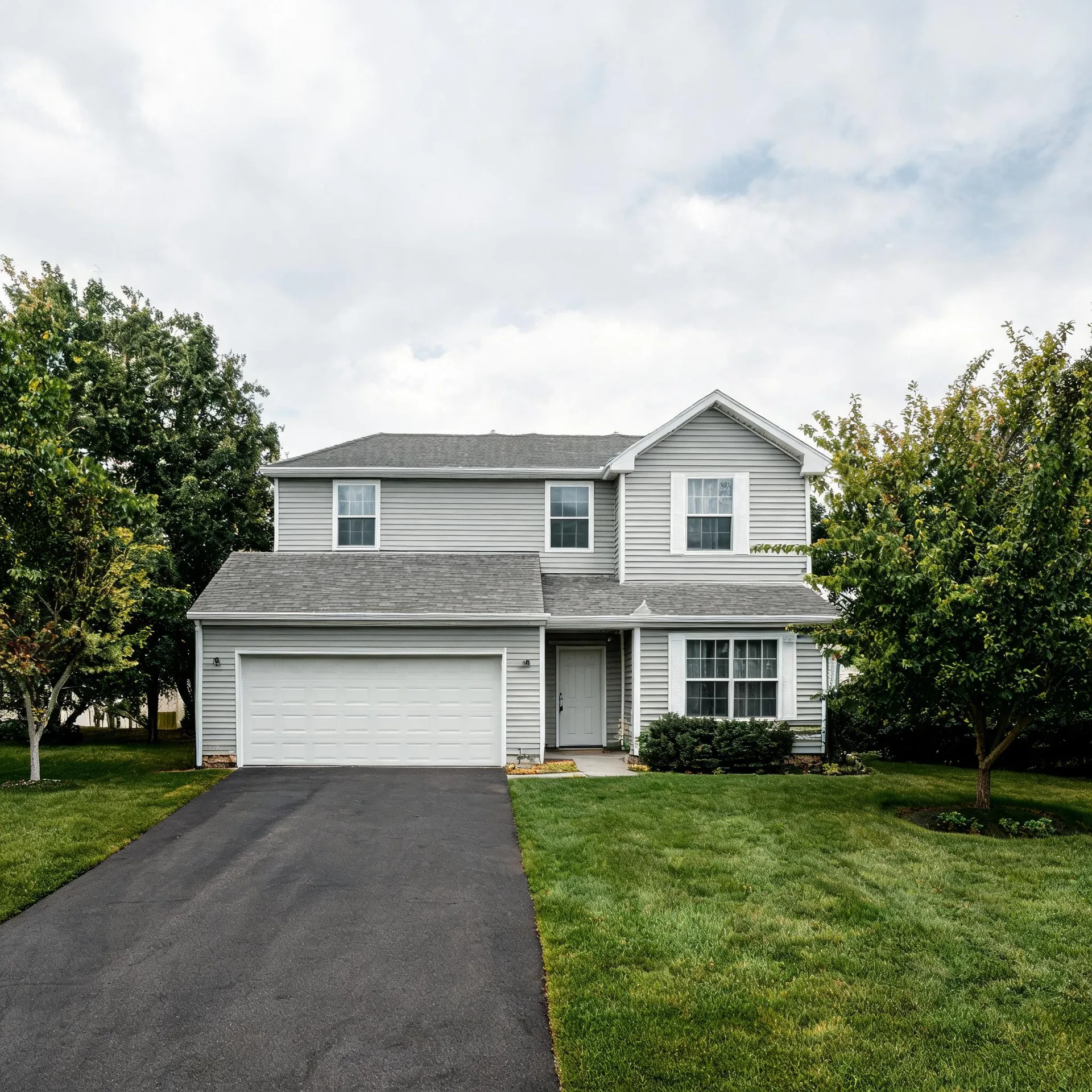 Two-story house with light gray vinyl siding, gray shingled roof, attached two-car garage with white door, and an asphalt driveway, flanked by green lawn and deciduous trees under an overcast sky.
