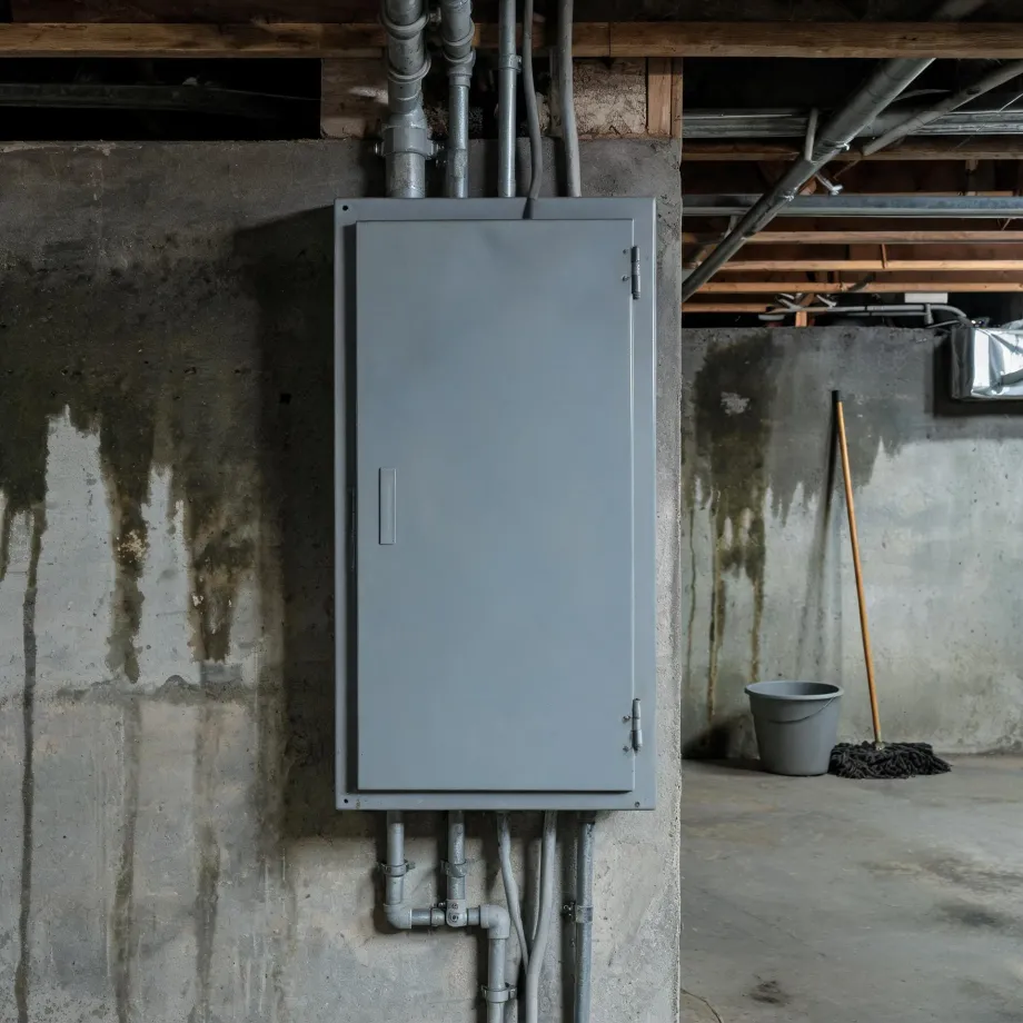 A gray metal electrical panel enclosure mounted on a stained concrete basement wall, with conduit and pipes running above and below it, and a bucket and mop leaning against the wall to the right.