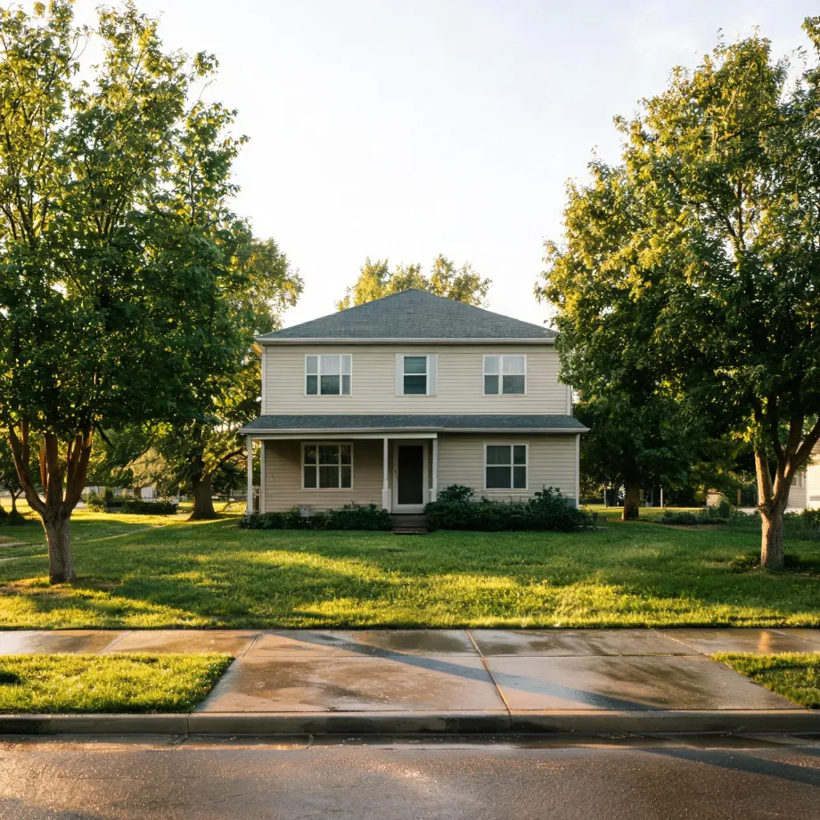 A two-story cream-colored house with horizontal siding, a gray hipped roof and a covered front porch, set behind a mown lawn with large leafy trees on both sides and a concrete sidewalk and street in the foreground.