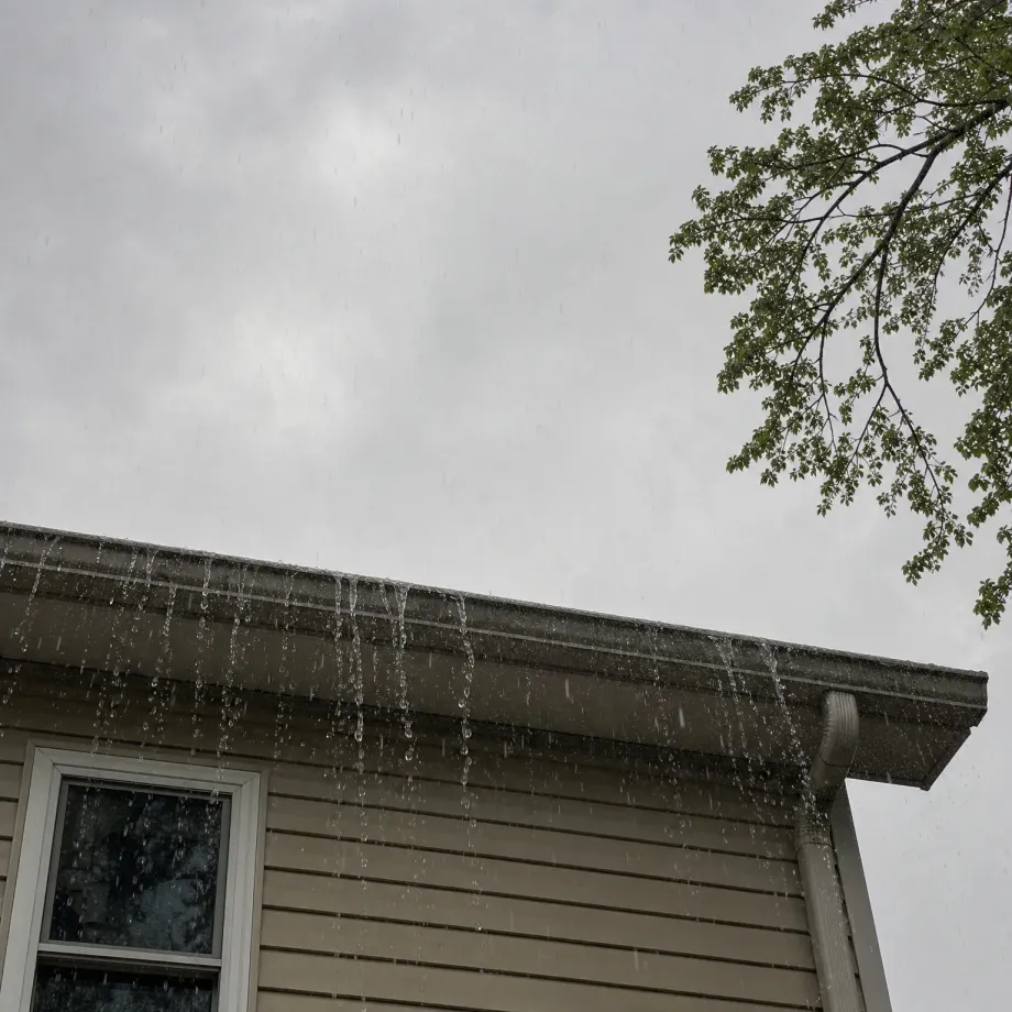 Water overflows and drips from the gutter along the roof edge of a house with beige horizontal siding and a white-framed window, under an overcast sky with a leafy tree branch at upper right.