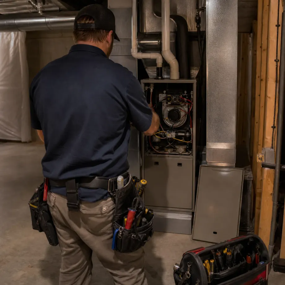A man in a dark polo shirt, cap and loaded tool belt works on an open furnace in a basement, with ductwork overhead and an open tool bag on the floor.