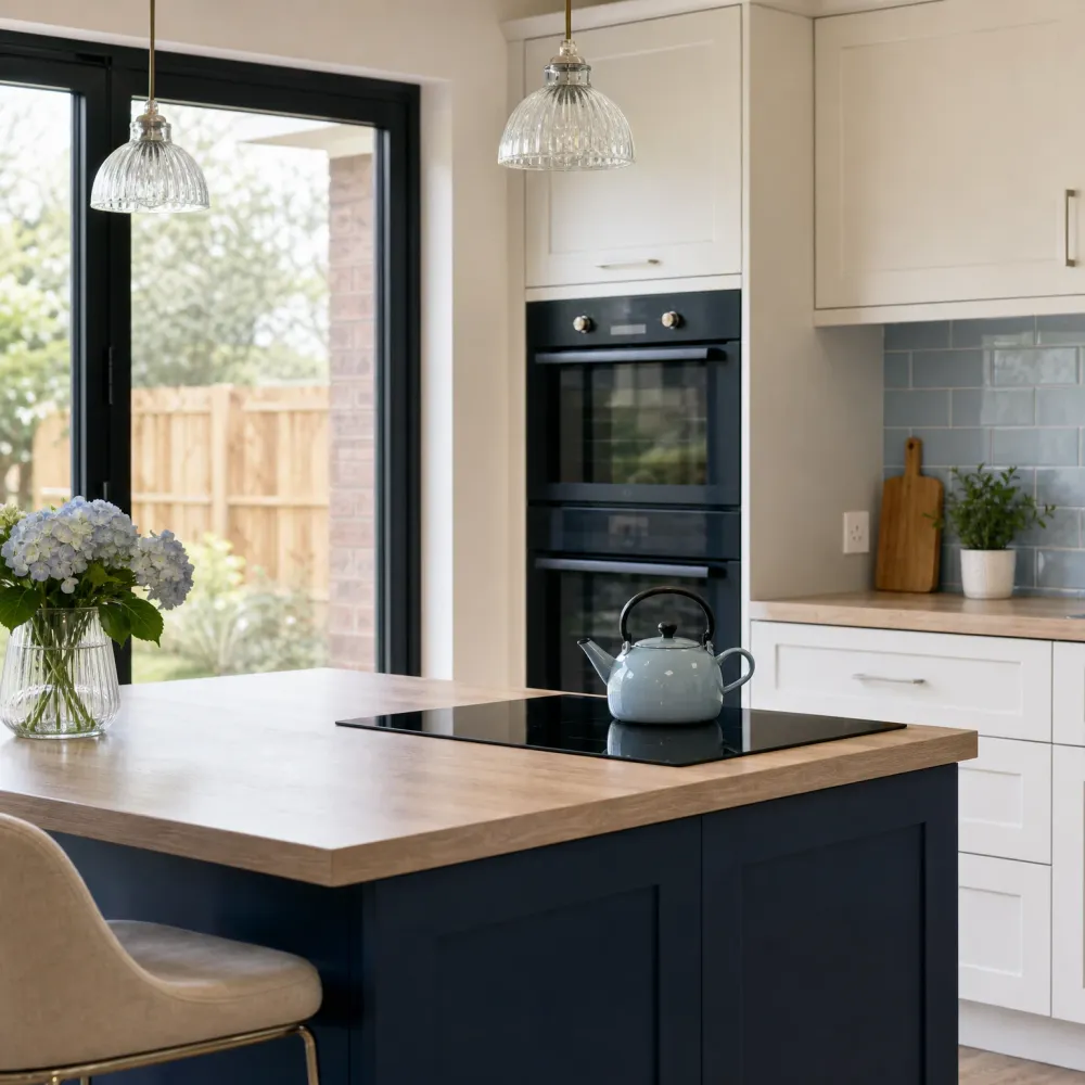 Kitchen interior with a navy island topped by a wood counter and black induction hob holding a pale blue kettle, cream wall cabinets with a built-in black double oven, glass pendant lights, a vase of blue hydrangeas, and glass doors showing a fenced garden.