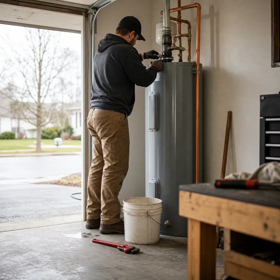 A man in a dark hooded sweatshirt, cap and tan work pants works on copper piping above a gray water heater in an open garage, with a white bucket, a red pipe wrench on the floor, a wooden workbench and a tool chest nearby.