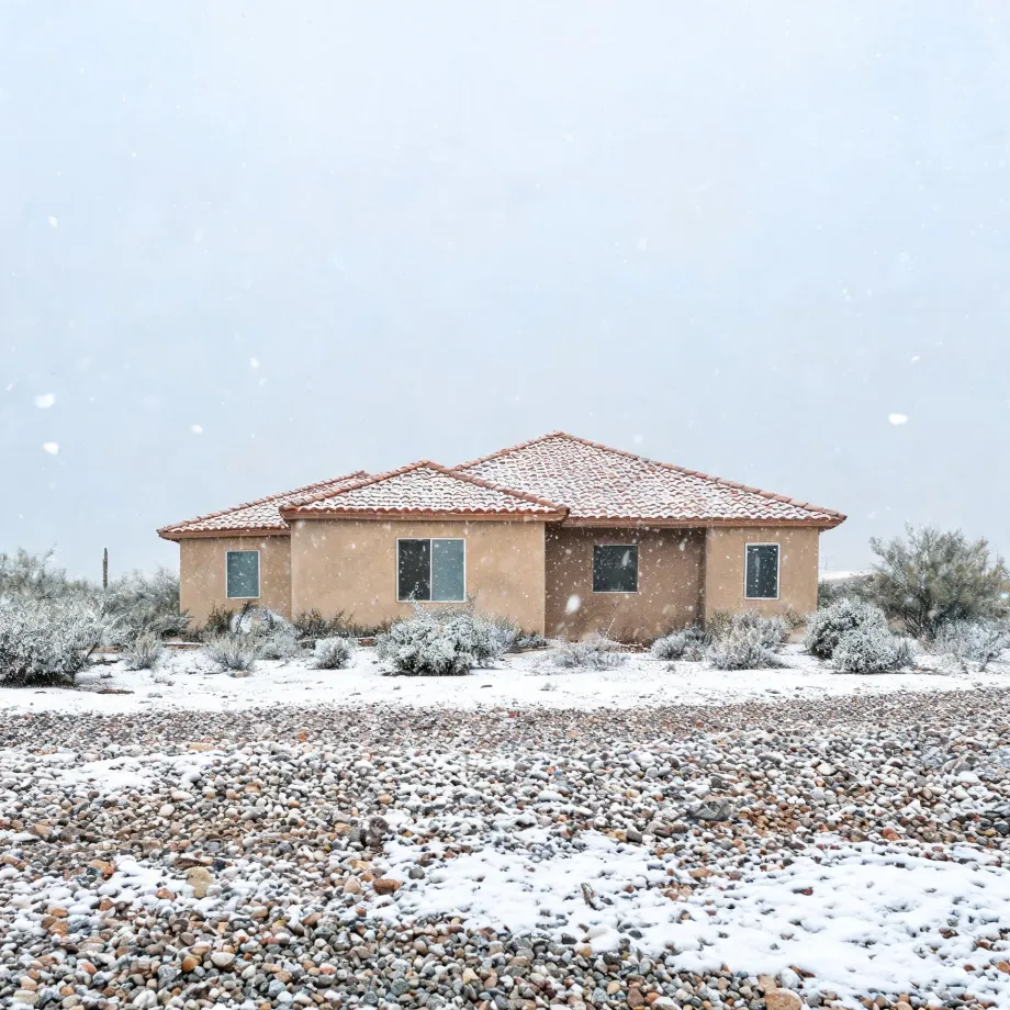 A single-story tan stucco house with a red tile roof during falling snow, surrounded by snow-dusted desert shrubs and a gravel yard.