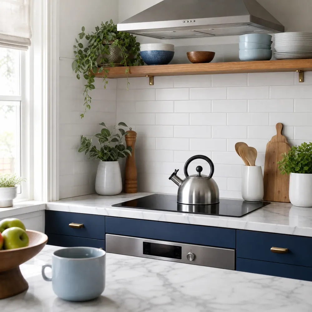 A kitchen with navy blue cabinets, white marble countertops, a white subway tile backsplash, a stainless steel kettle on an induction cooktop beneath a stainless range hood, a wooden open shelf holding bowls and a trailing plant, and a light blue mug and bowl of apples in the foreground.