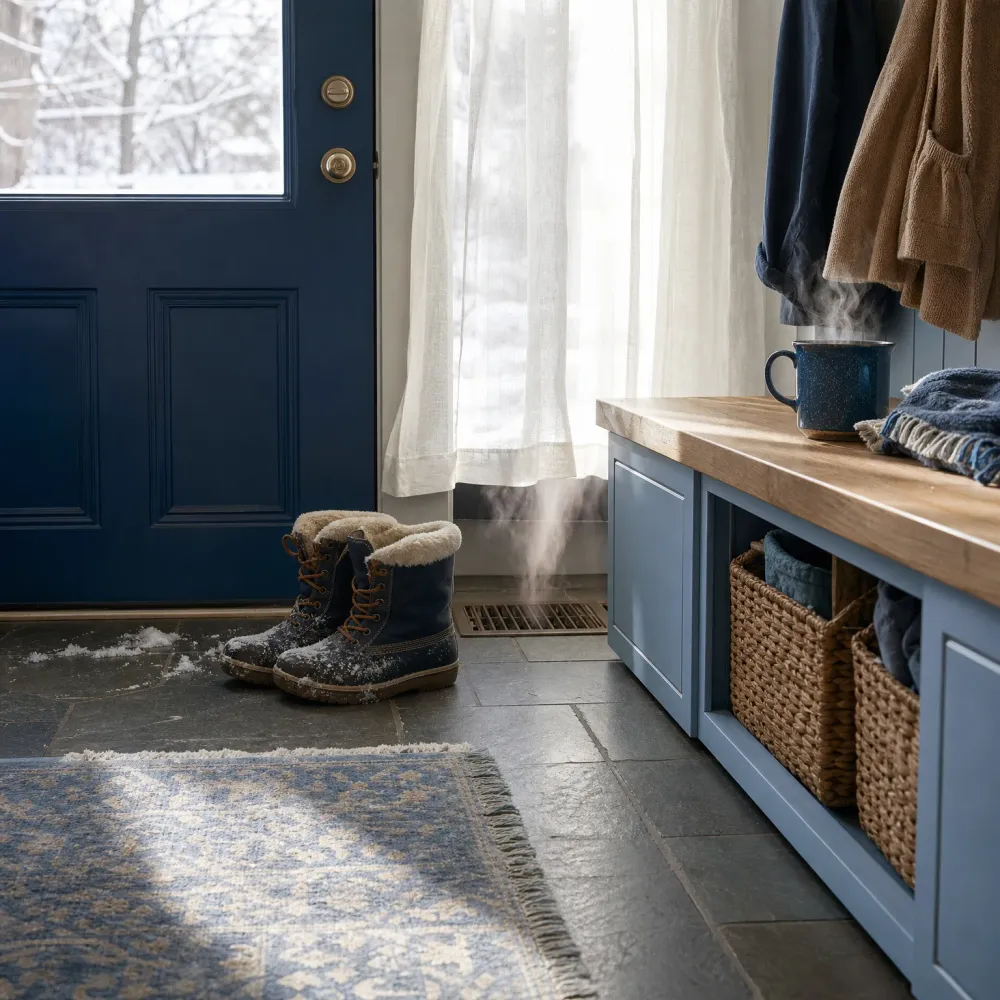 A mudroom with a navy door with a window showing snow outside, snow-dusted fur-lined boots on a stone tile floor, a patterned rug, and a light blue bench with wood top holding a steaming mug and woven storage baskets, with coats hanging above.