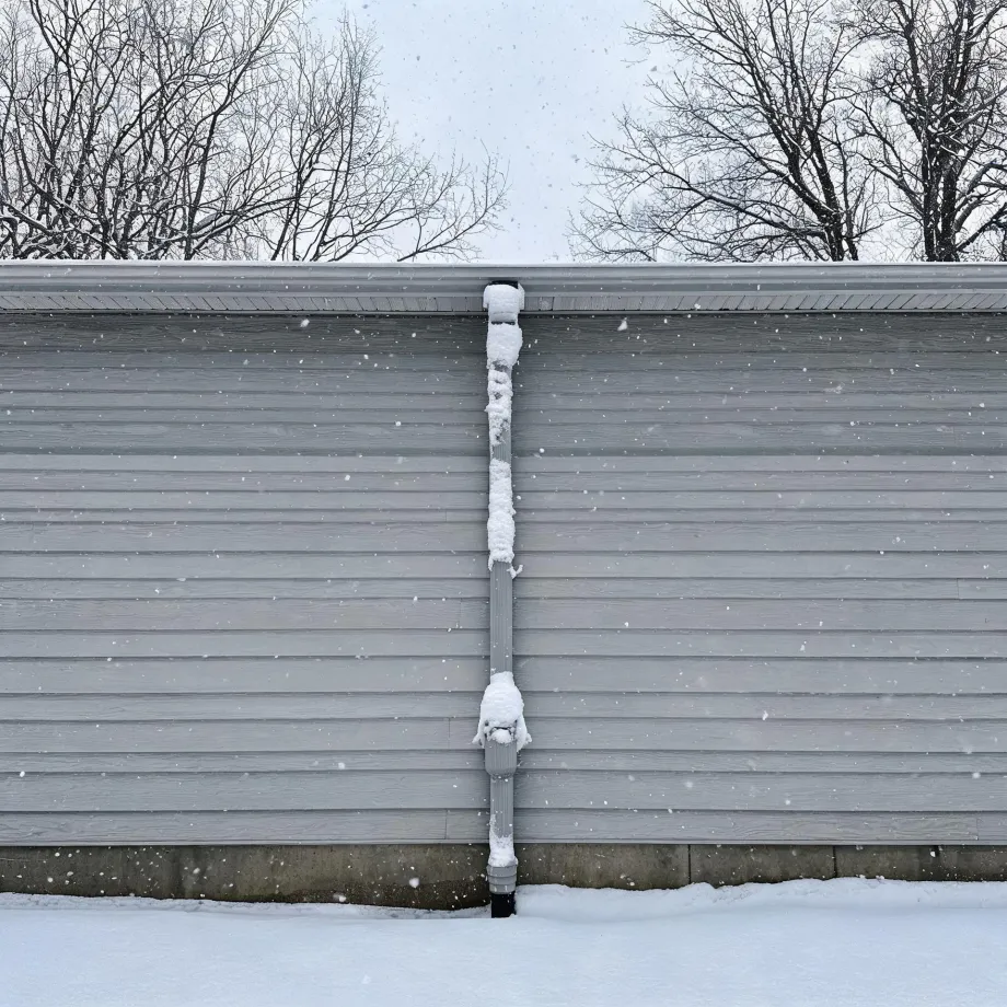 A gray horizontal-lap sided exterior wall with a snow-covered downspout running down its center, bare trees above the roofline, and snow on the ground during falling snow.