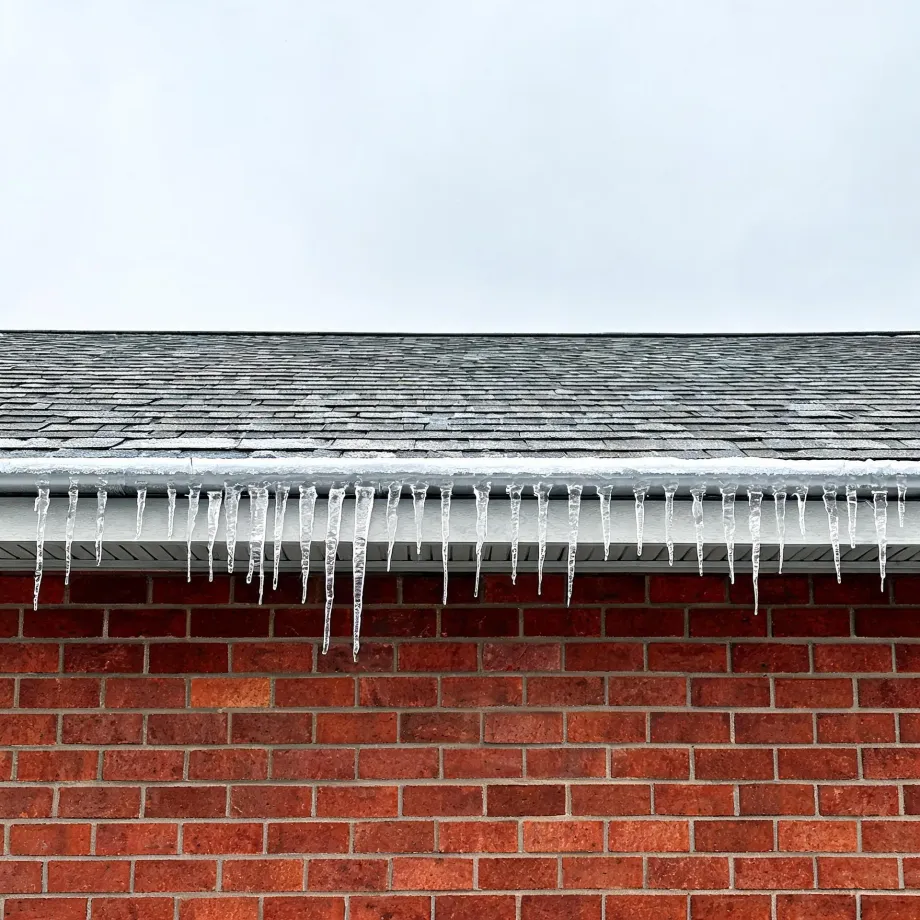 Icicles hang from a white gutter along the edge of a gray shingled roof above a red brick wall, under an overcast sky.