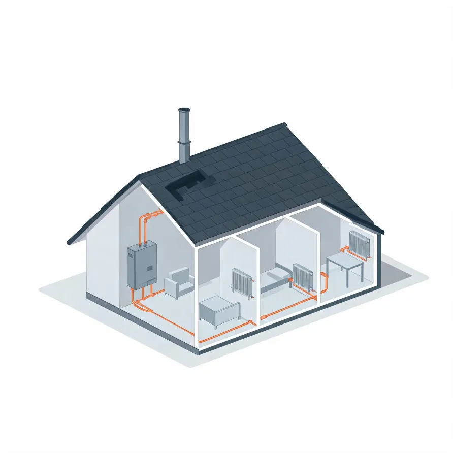 Isometric cutaway illustration of a single-story house with a dark tiled roof and chimney, showing a wall-mounted boiler connected by orange pipes to radiators in several rooms with simple furniture.
