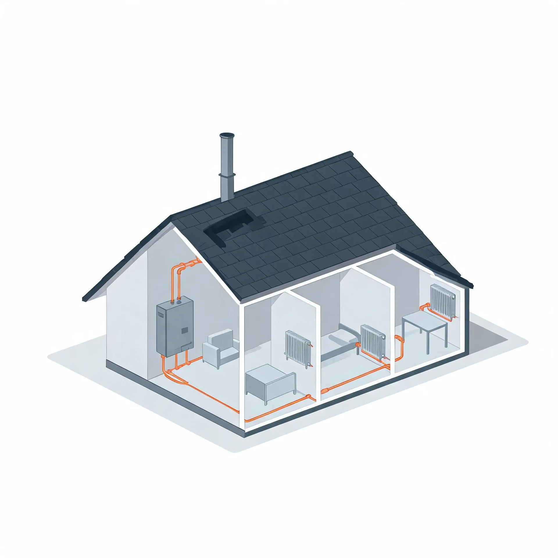 Isometric cutaway illustration of a single-story house with a dark tiled roof and chimney, showing a wall-mounted boiler connected by orange pipes to radiators in several rooms with simple furniture.