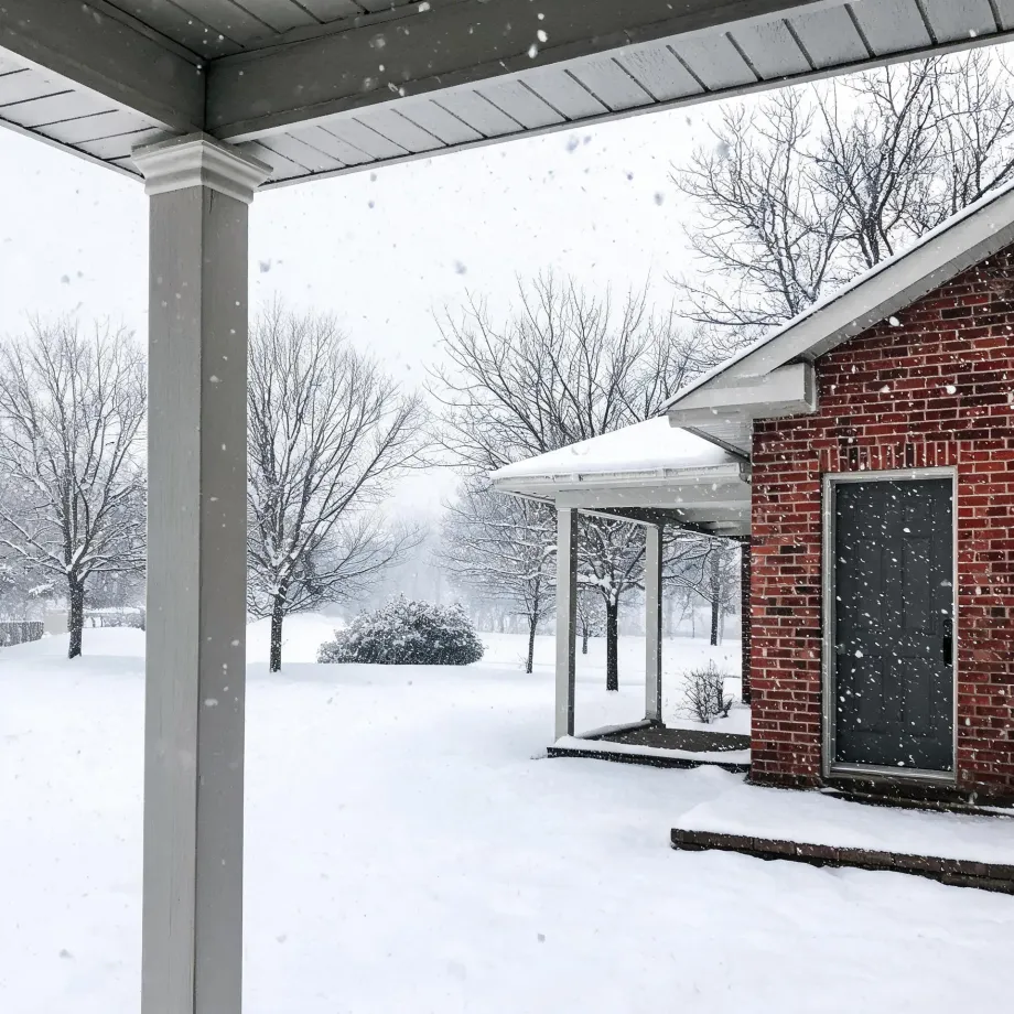 View from beneath a covered porch with a white column toward a red brick house with a dark door, surrounded by snow-covered ground and bare trees during falling snow.