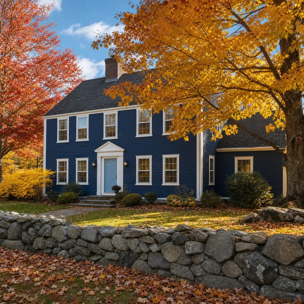 A two-story dark blue clapboard house with white trim, a light blue front door and a brick chimney, framed by trees with yellow and red autumn leaves, with a fieldstone wall and fallen leaves in the foreground.