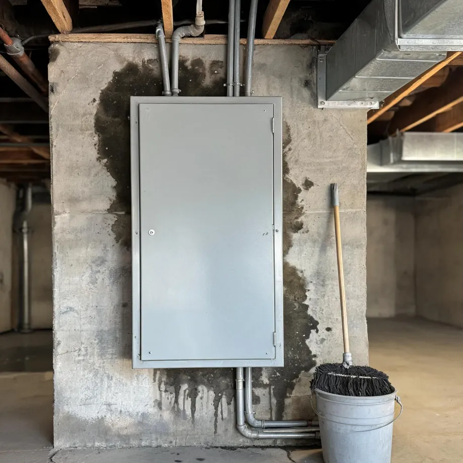 A gray metal electrical panel mounted on a water-stained concrete basement wall, with conduit and pipes running to exposed floor joists and metal ductwork above, and a mop resting in a galvanized bucket at right.