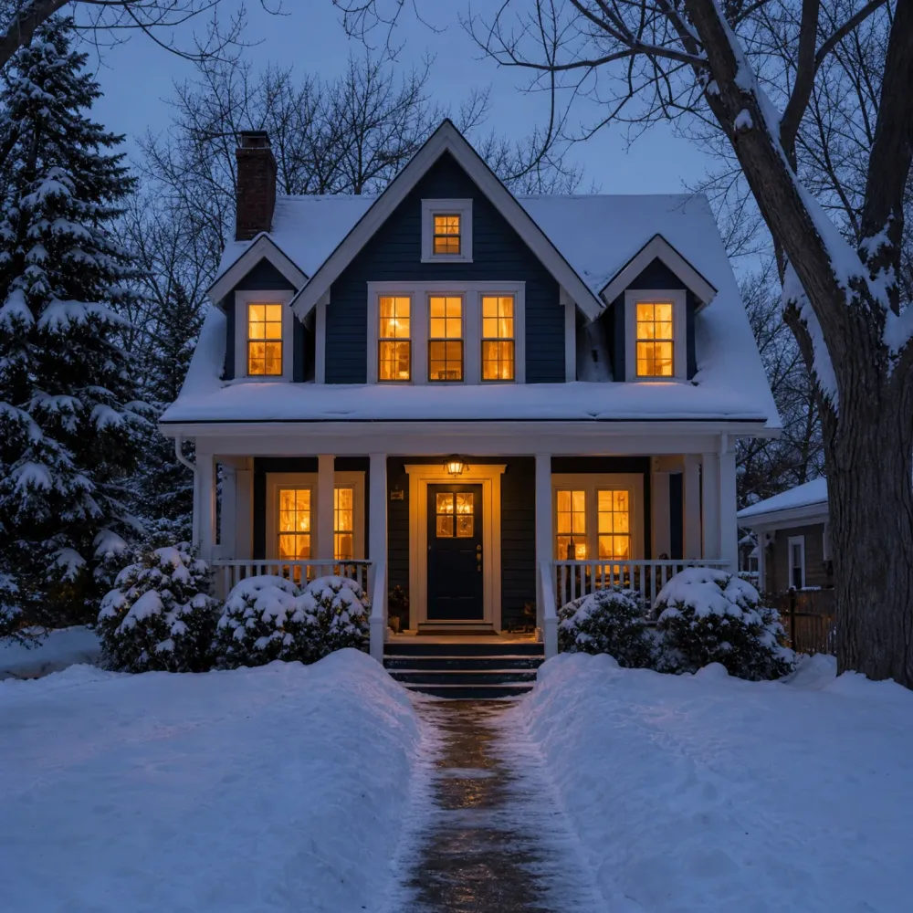 A dark-sided two-story house with white trim and a covered porch, its windows glowing yellow at dusk, with snow on the roof, shrubs, and a shoveled path leading to the front steps.