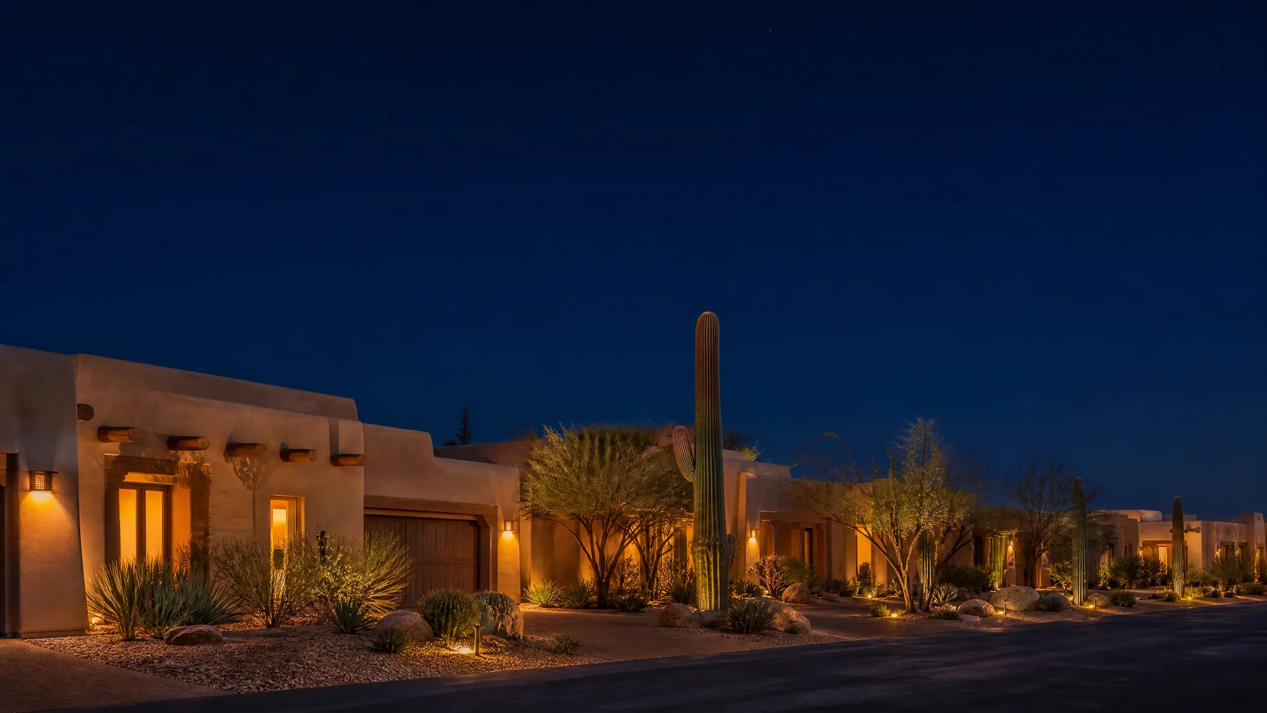 Adobe-style desert homes lit by warm exterior lights at dusk, surrounded by saguaro cacti and native desert plants.