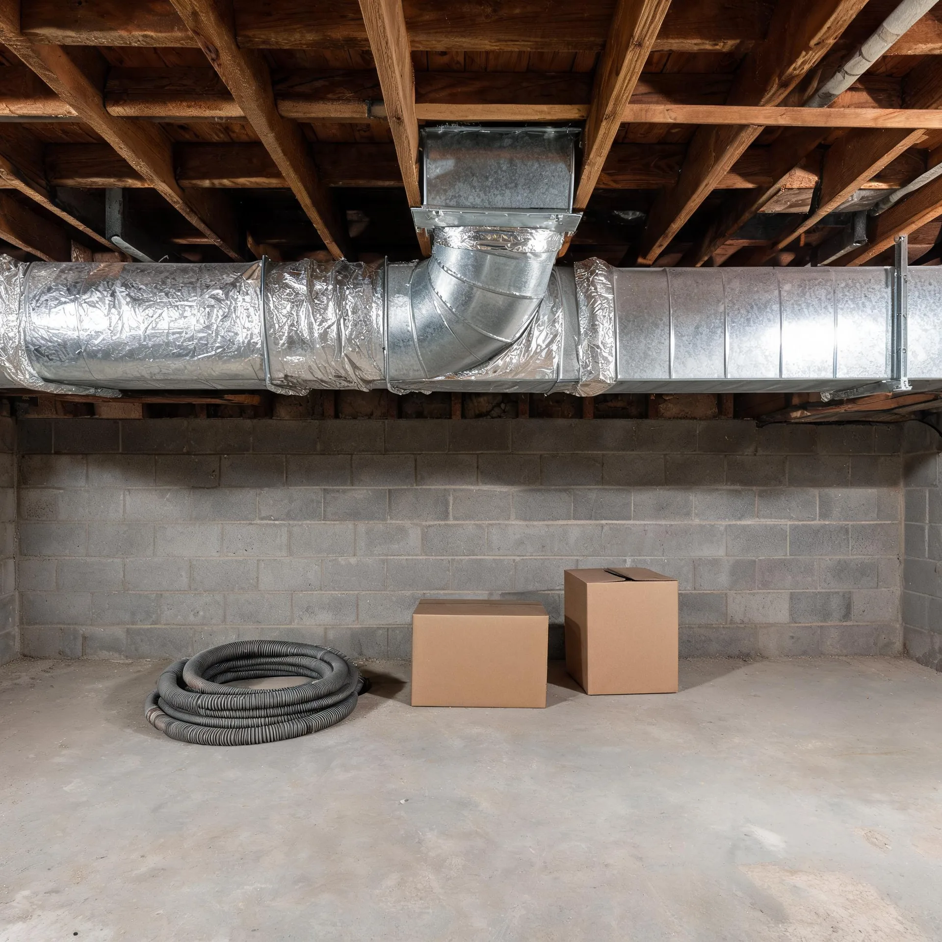 Unfinished basement with concrete block walls, exposed wood joists, and insulated and galvanized metal ductwork, with two cardboard boxes and a coil of black corrugated pipe on the concrete floor.