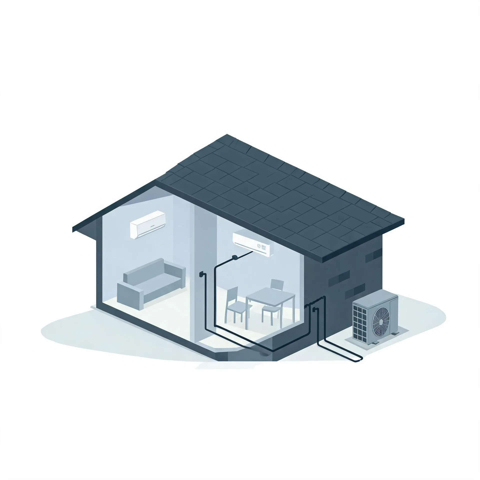 Isometric illustration of a cutaway single-story house showing two wall-mounted mini-split indoor units connected by line sets to an outdoor condenser beside the building, with a sofa, table and chairs inside.