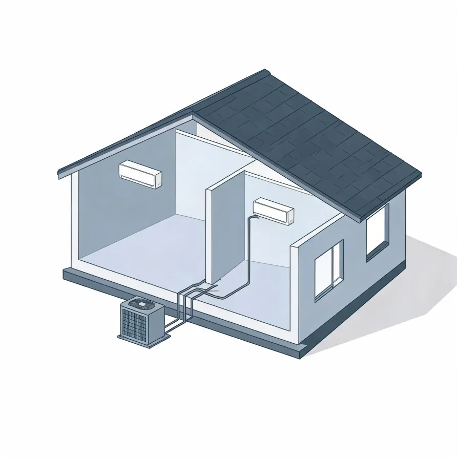 Isometric cutaway illustration of a small house with a dark shingled roof, showing two wall-mounted indoor units connected by lines running to an outdoor condenser unit beside the building.