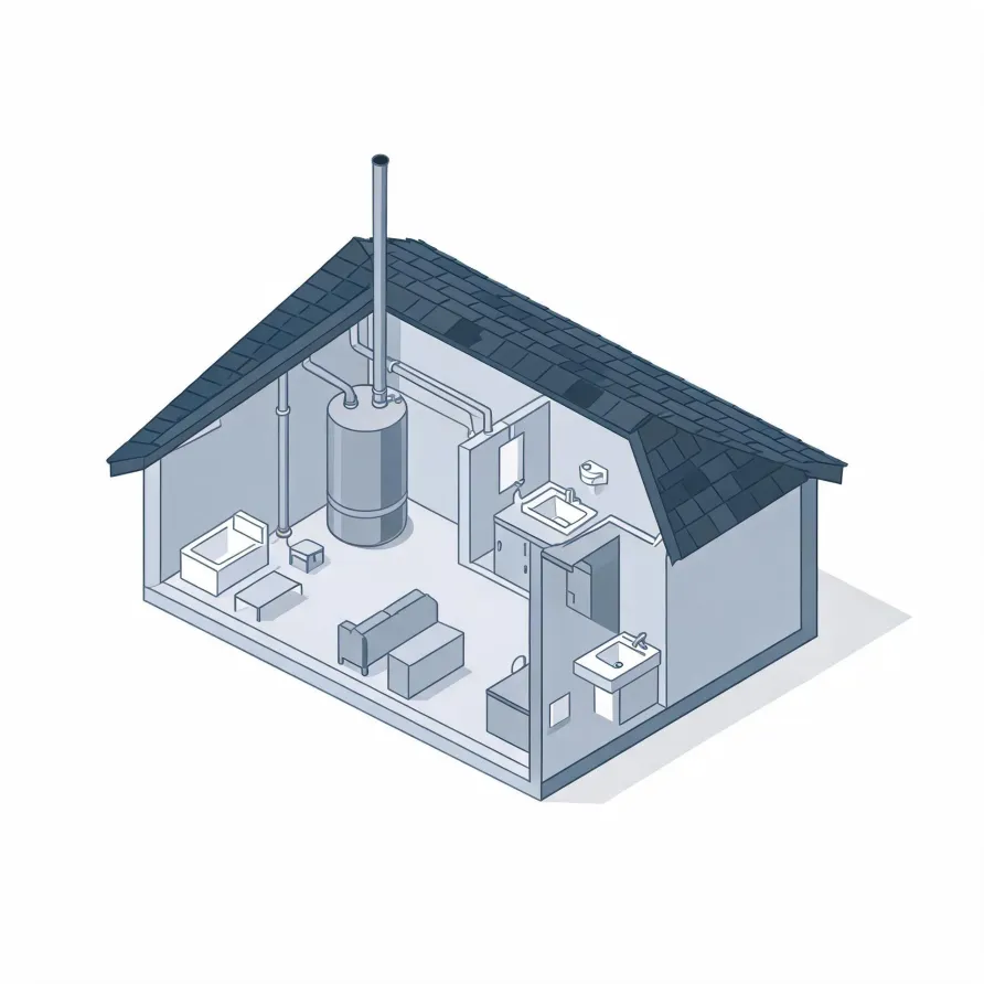 Isometric cutaway illustration of a small house interior showing a large cylindrical water heater with a flue pipe through the roof, connected pipework, a bathtub, sinks, a toilet and furniture.