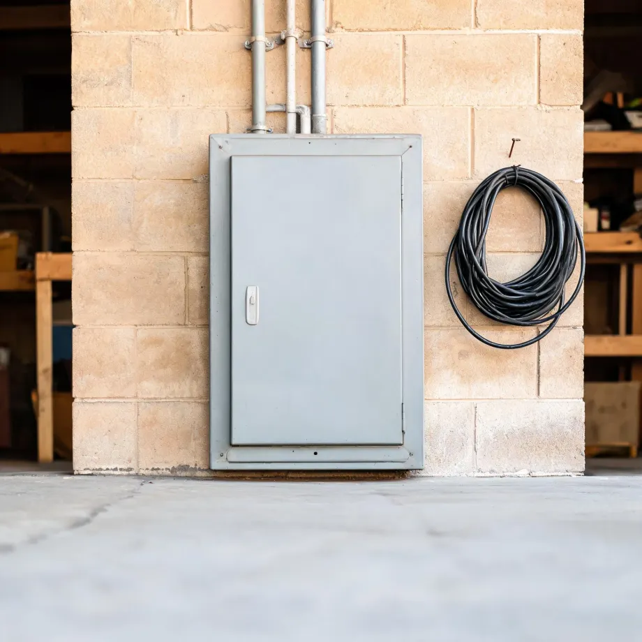 A gray metal electrical panel box mounted on a tan concrete block wall with conduit pipes running above it, and a coiled black cable hanging on a nail to the right, above a concrete floor.