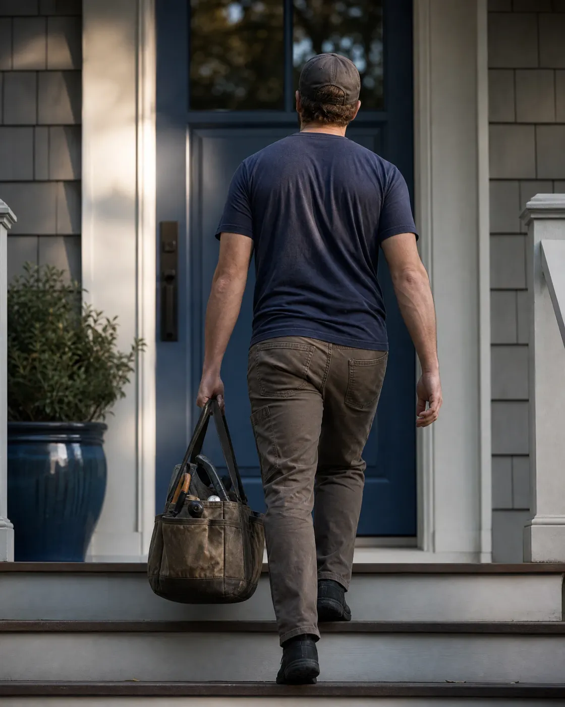 A man in a cap, navy T-shirt and brown pants carries a waxed canvas tool bag up the steps toward a blue front door of a shingled house, beside a potted shrub.