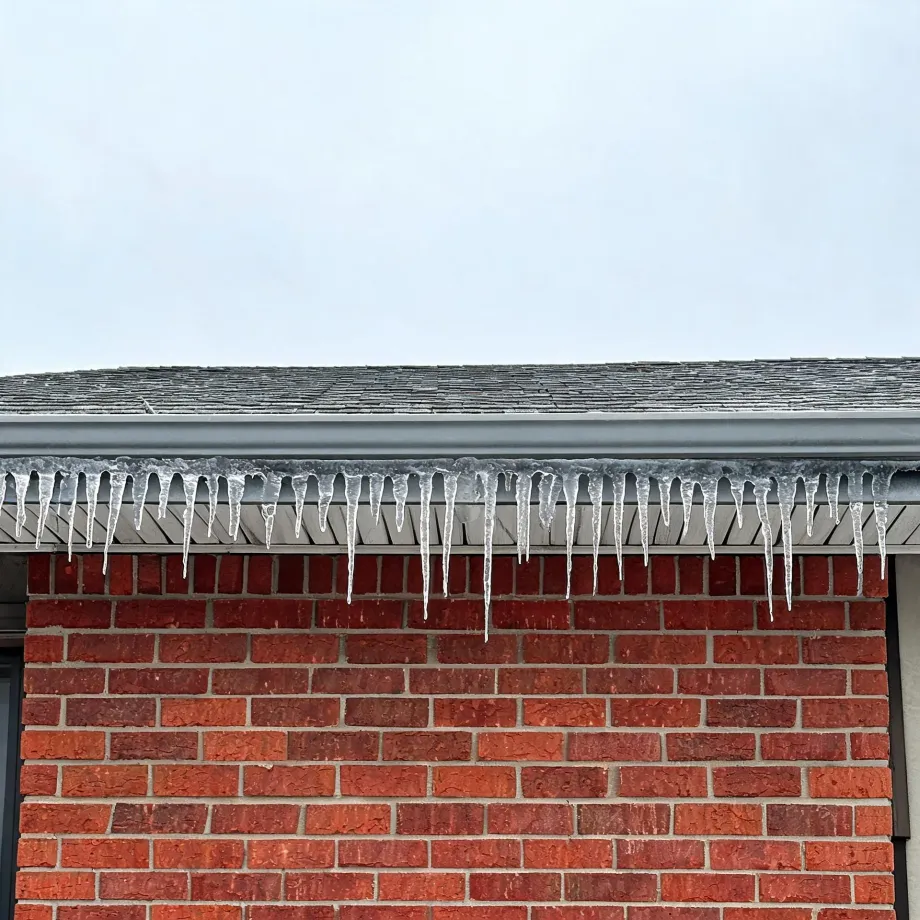 Row of icicles hanging from a gutter along the edge of a shingled roof above a red brick wall, under an overcast sky.