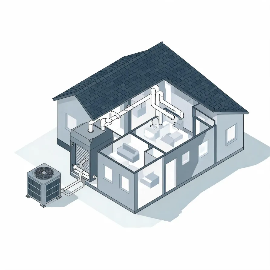 Isometric illustration of a cutaway single-story house showing interior rooms, ductwork running from an indoor air handler, and an outdoor condenser unit on a pad beside the building.