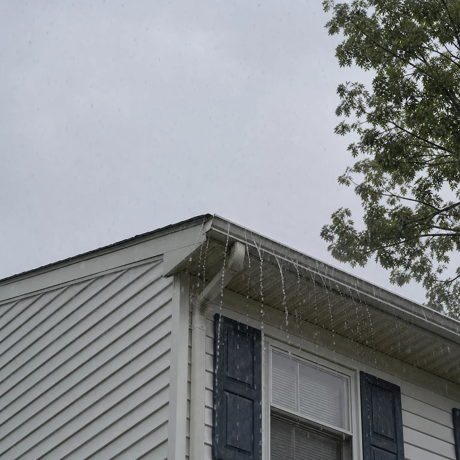 Upper corner of a house with light-colored horizontal siding, white trim, a window with dark shutters, and water dripping in streams from the roof edge and gutter against an overcast sky, with a leafy tree branch at upper right.