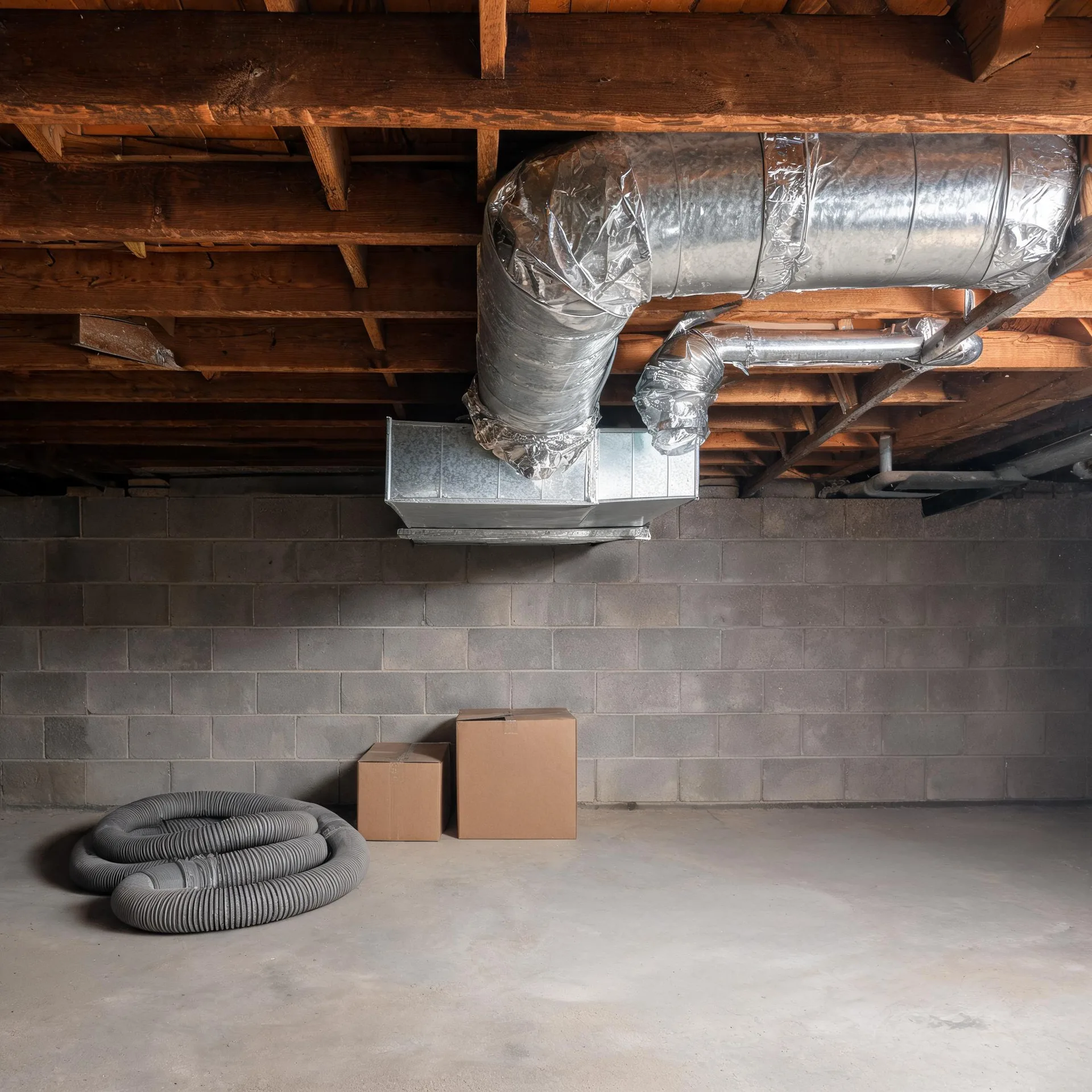 Unfinished basement with concrete block walls and exposed wood joists, insulated metal ductwork and a sheet-metal plenum overhead, two cardboard boxes and a coiled gray flexible hose on the concrete floor.