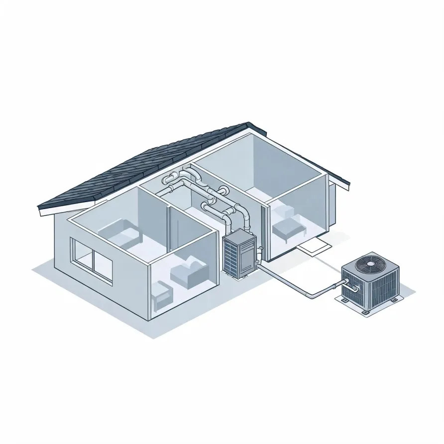 Isometric line illustration of a cutaway single-story house showing interior rooms, ductwork, an indoor air handler or furnace, and a refrigerant line running to an outdoor condenser unit on a pad.
