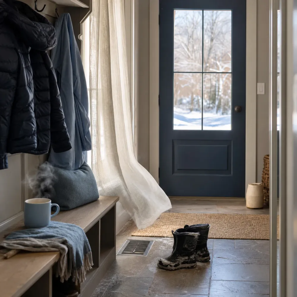 A mudroom with coats hung on hooks, a wooden bench with a mug and blanket, a floor vent, snow-dusted boots on stone tile, a jute rug, and a dark glass-paned door showing a snowy yard.