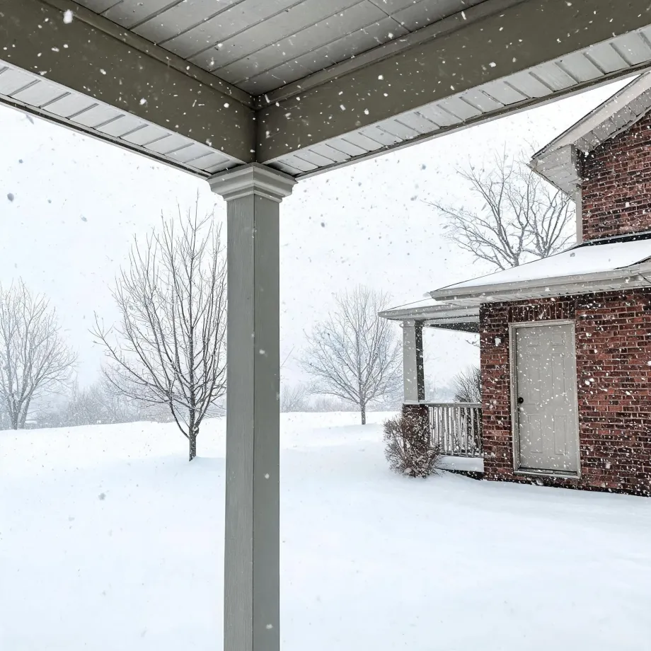 View from under a covered porch with a gray post and beadboard ceiling toward a snow-covered yard, bare trees, and a red brick house with a light gray door and small porch during falling snow.