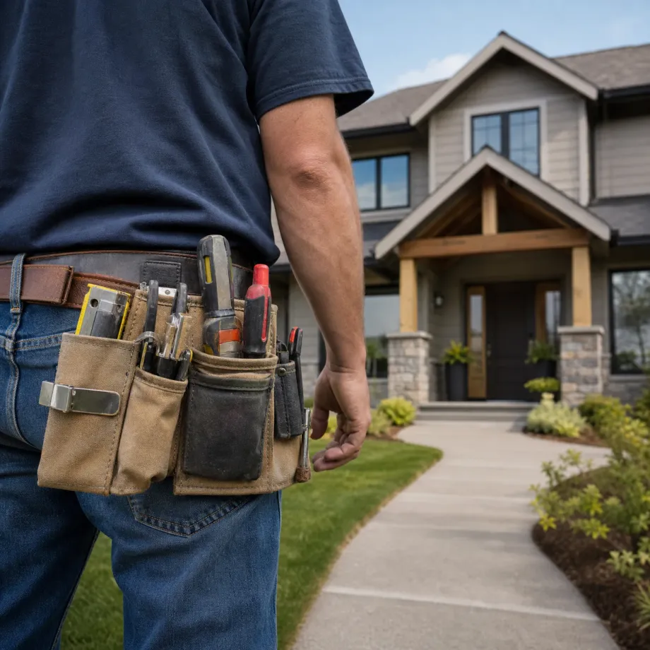 Close-up of a man in a navy shirt and jeans wearing a loaded tool belt, standing on a lawn beside a concrete walkway leading to a two-story house with a gabled entry porch.