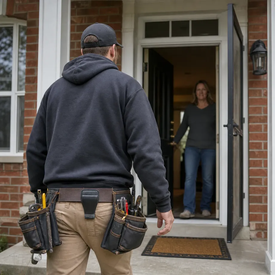 A man in a dark hooded sweatshirt, cap, and loaded tool belt stands with his back to the camera on a brick house's porch, facing a woman standing in the open doorway.
