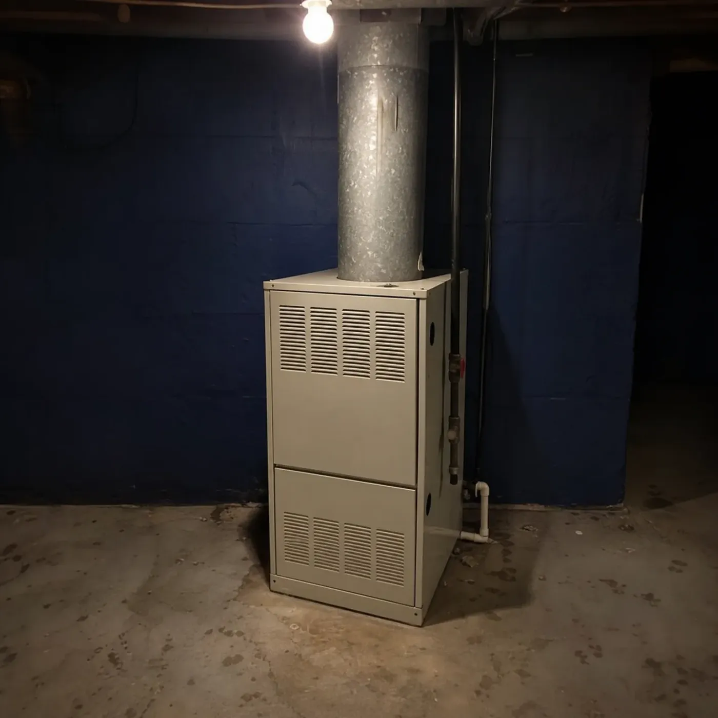 A beige furnace with louvered front panels stands on a concrete basement floor against a blue-painted block wall, with a galvanized metal flue pipe rising from its top and a bare bulb lit overhead.