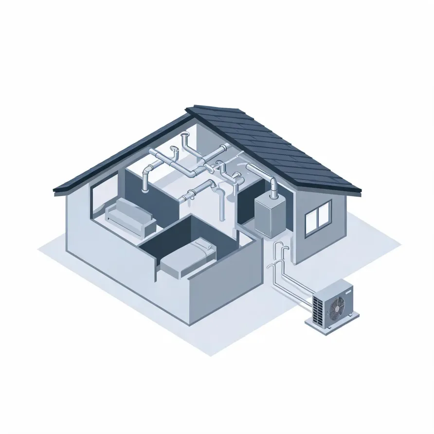 Isometric cutaway illustration of a small house showing ducted air distribution, an indoor air handler, and an outdoor condenser unit connected by lines, with a sofa and bed in the rooms.
