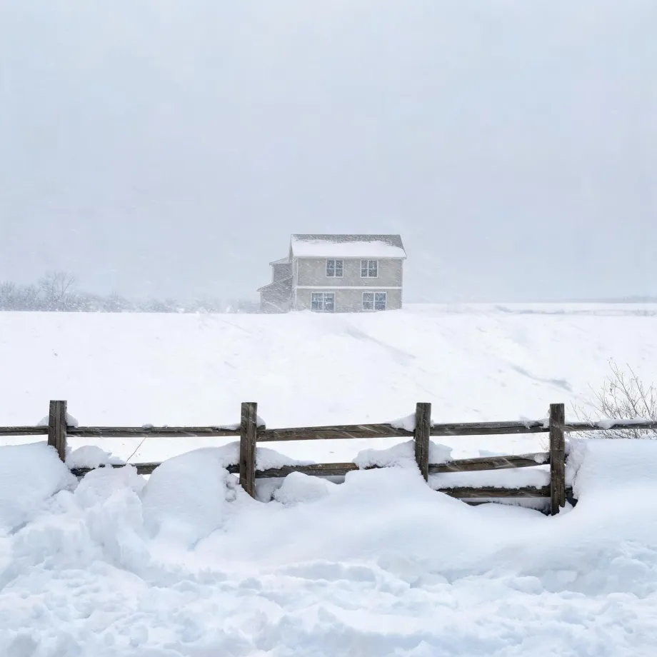 A two-story house with a snow-covered roof stands on a snow-covered field in falling snow, with a partly buried wooden rail fence in the foreground and a pale hazy sky behind.