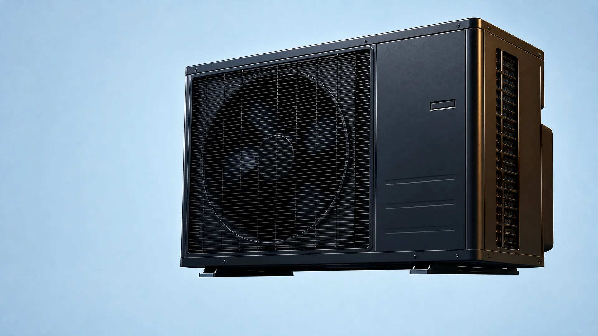 A black outdoor heat pump or air conditioner condenser unit with a grilled fan front and side vent fins, shown against a plain light blue background.
