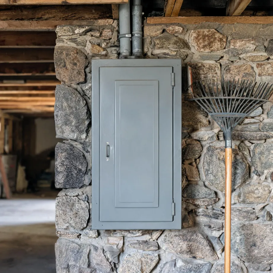 A gray metal electrical panel with a closed door mounted on a stone wall, with conduit entering from above, wooden ceiling joists at left, and a leaf rake leaning against the wall at right.