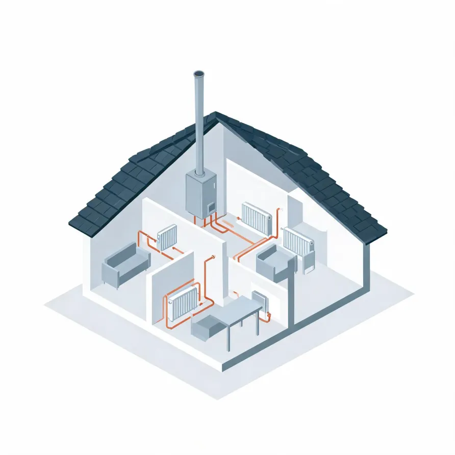 Isometric cutaway illustration of a house with a dark tiled roof, showing a wall-mounted boiler with flue connected by orange pipes to several radiators in rooms containing a sofa, armchair and table.