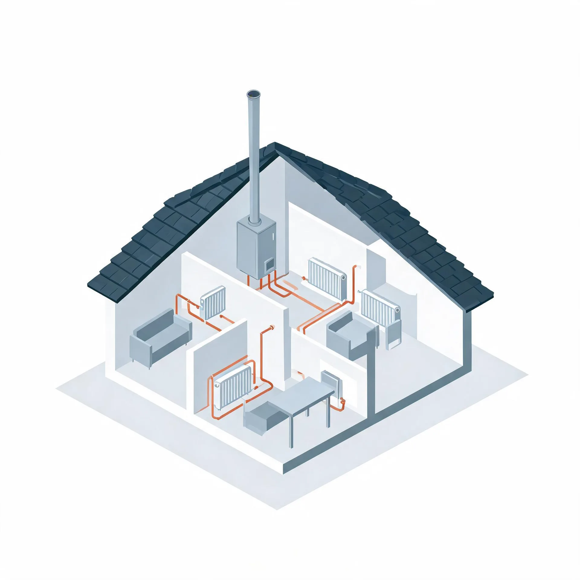 Isometric cutaway illustration of a house with a dark tiled roof, showing a wall-mounted boiler with flue connected by orange pipes to several radiators in rooms containing a sofa, armchair and table.